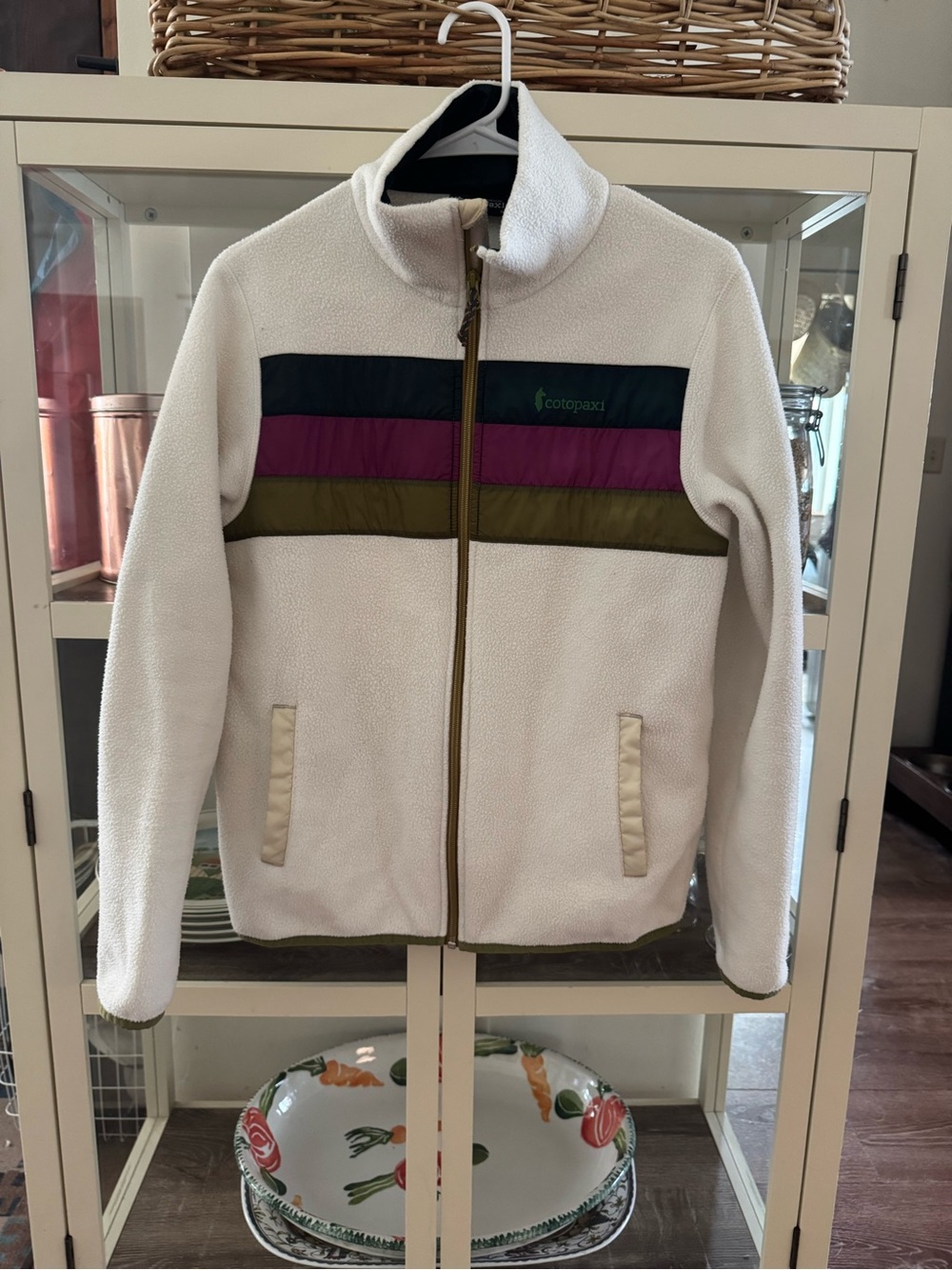 cotopaxi Cream Teddy Fleece Jacket with Black, Magenta & Olive Stripes